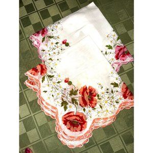 Two Floral Handkerchief Roses Daisies Scallop Edge Quilt Craft Granny Mother’s